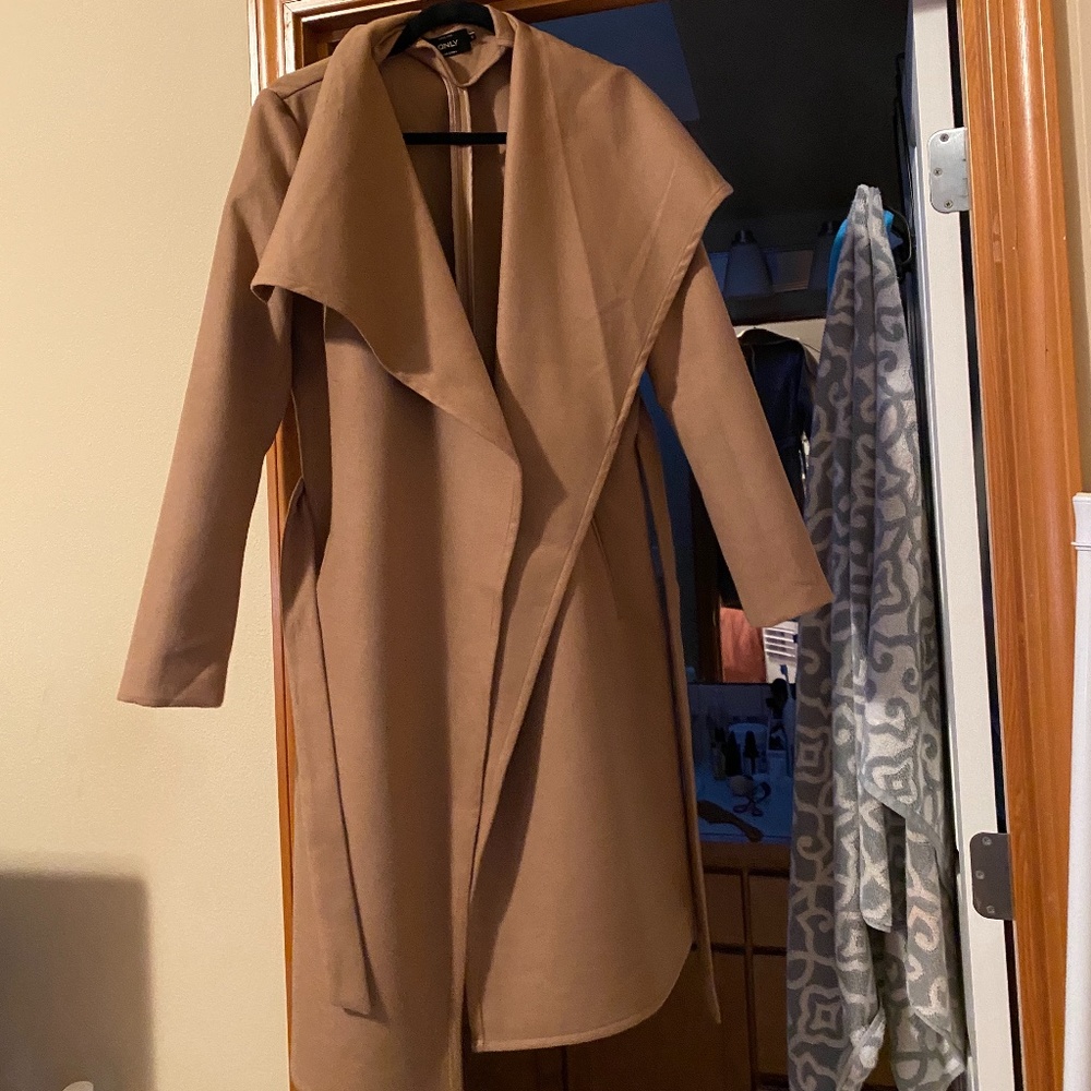 Tan, woolen, wrap front coat